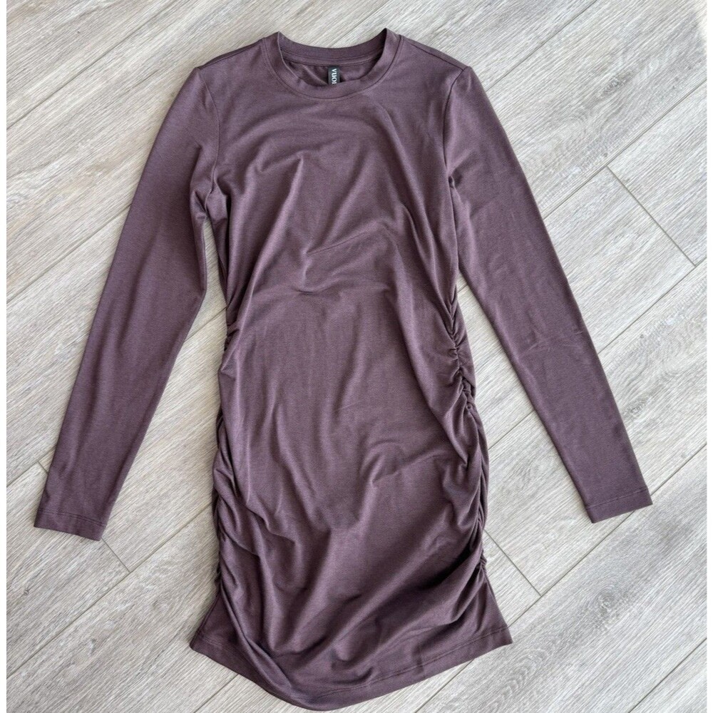 Vuori Women’s Medium Brown Long Sleeve Ruched Bodycon Mini Dress
